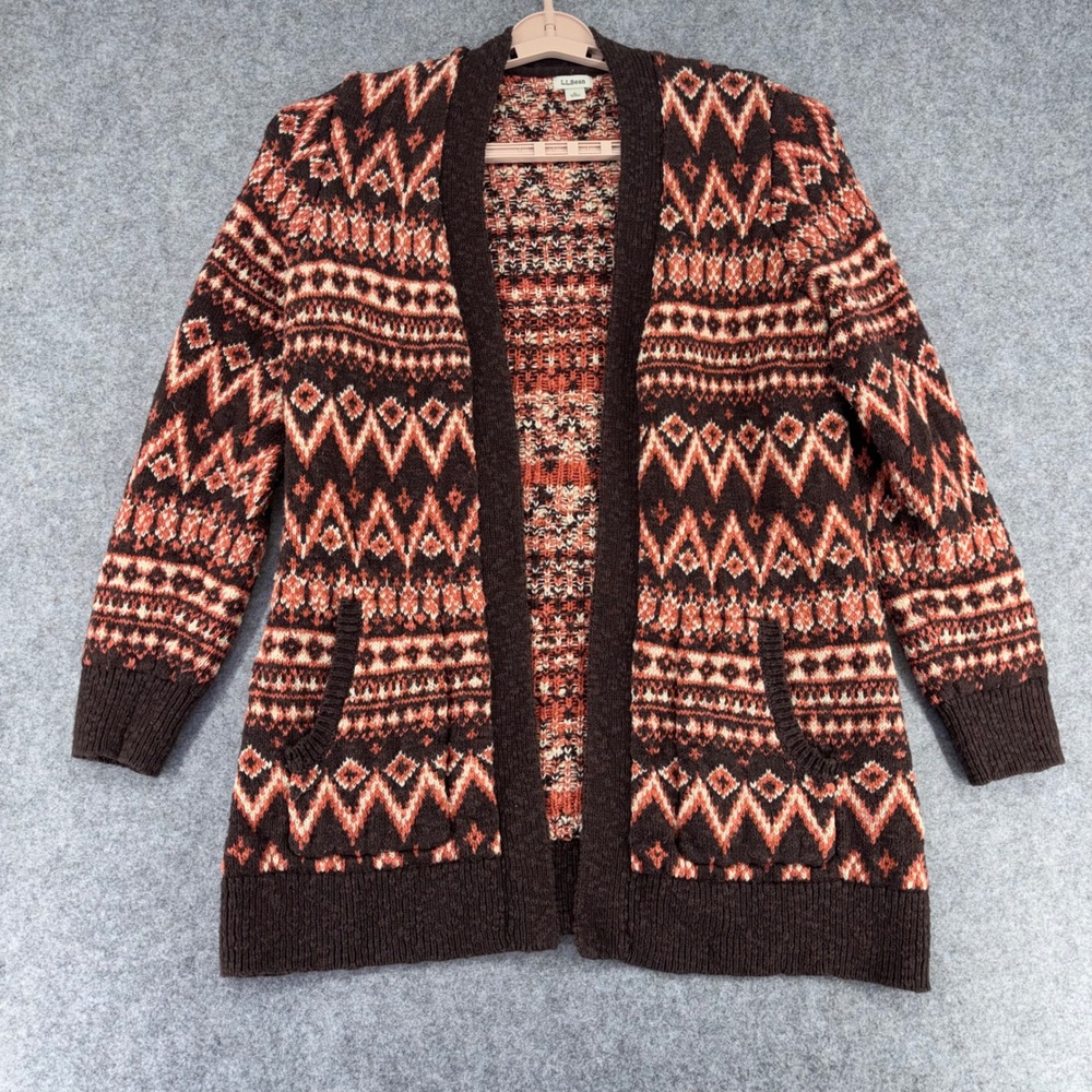 LL Bean Womens Large Cotton Open Front Fair Isle Cardigan Sweater Brown 508175